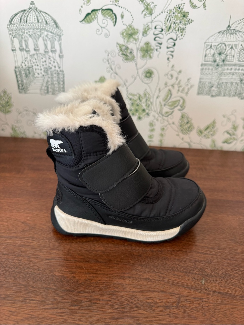 Sorel Kids Black Winter Boots with Cream Faux Fur